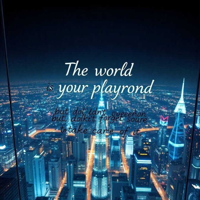 A quote about the world being a playground, set against a cityscape at night.