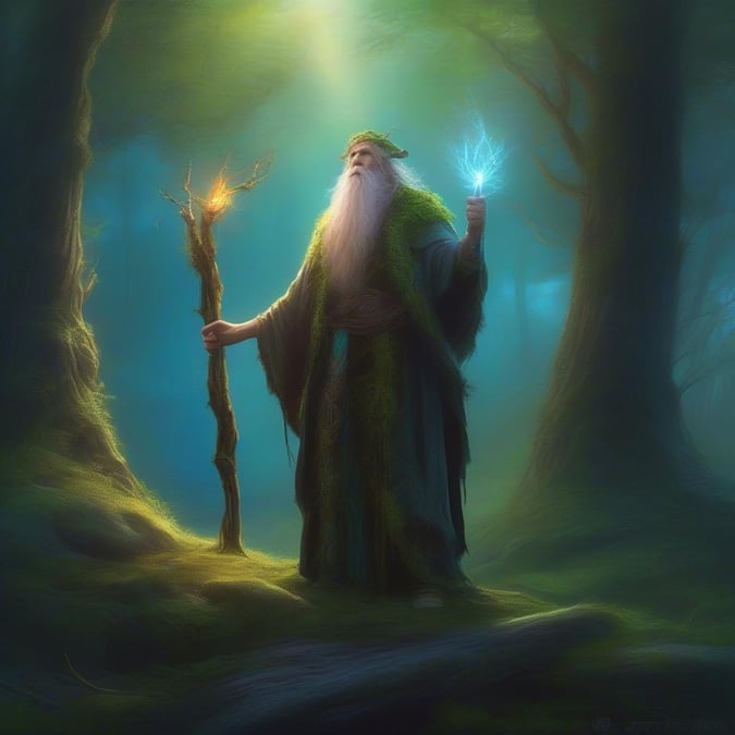 A wise old wizard stands in the midst of a mystical forest, conjuring magical energy with his wand.