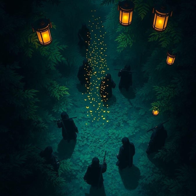 Entre em um mundo místico de furtividade e aventura com este cativante papel de parede de anime. Um grupo de ninjas, envolto em sombras, navega por uma floresta exuberante, seus movimentos são um testemunho de sua habilidade e agilidade. A cena é iluminada pelo suave brilho das lanternas, projetando uma luz etérea no chão da floresta e nas silhuetas dos ninjas. Em meio à tranquilidade, um enxame de vagalumes dança no ar, adicionando um toque de magia à atmosfera. Este papel de parede convida você a se imergir no mundo do anime, onde ação, mistério e beleza convergem.