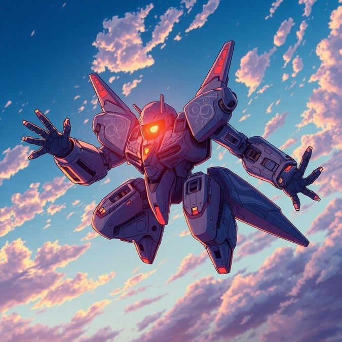 Denne anime-stil illustration viser en mecha-robot, der svæver gennem himlen og udstråler en følelse af magt og ynde. Robotens indviklede mønstre og lysende røde øje tilføjer til dens dynamiske tilstedeværelse, mens dens blanding af blå, lilla og orange nuancer skaber en slående visuel effekt. Det store hoved og den lille hale, kombineret med strakte arme, giver robotten et anime-lignende udtryk, der både er fængslende og følelsesladet. Den dybe blå himmel med spredte skyer giver en fantastisk baggrund for denne futuristiske scene, hvilket gør det til et fængslende og fantasifuldt baggrundsbillede til desktop og mobilbrug.