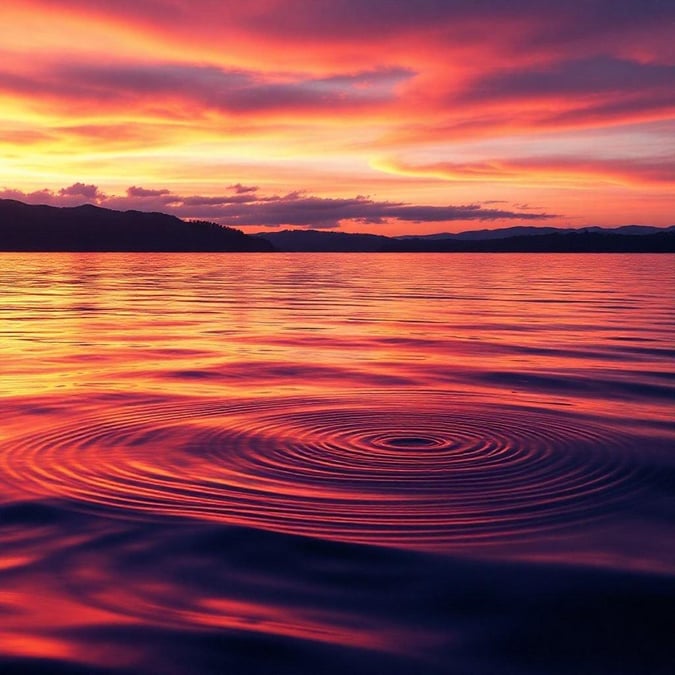 Vibrant sunset shines on a serene body of water, creating beautiful ripple patterns. The sky is filled with hues of pink and purple against the silhouette of distant hills.