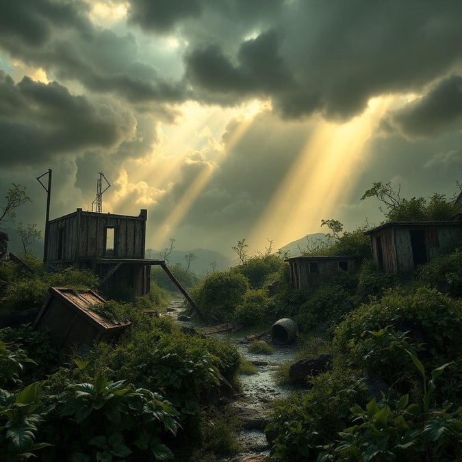 In the aftermath of a catastrophic event, this abandoned village is now overgrown with weeds and grass. The sun peeks through the dense canopy overhead, casting an ethereal glow on the rotting structures that hint at past life.