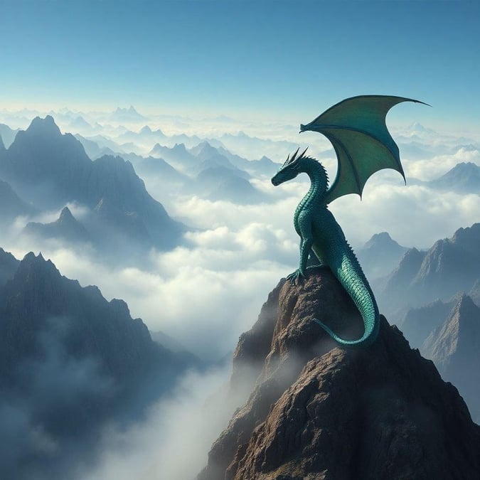 A majestic dragon overlooking a mystical mountain range, embodying the essence of fantasy and adventure.