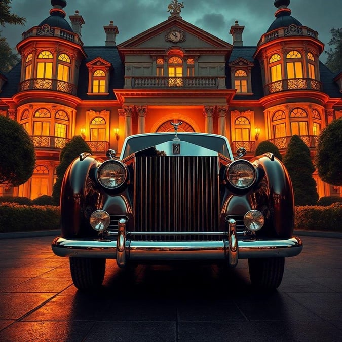 This classic car, possibly from the Rolls Royce collection, exudes opulence and timeless elegance. Its vintage style is a testament to craftsmanship and attention to detail. It's parked in front of an equally grand chateau or estate, suggesting it might be on display for visitors or a special event.