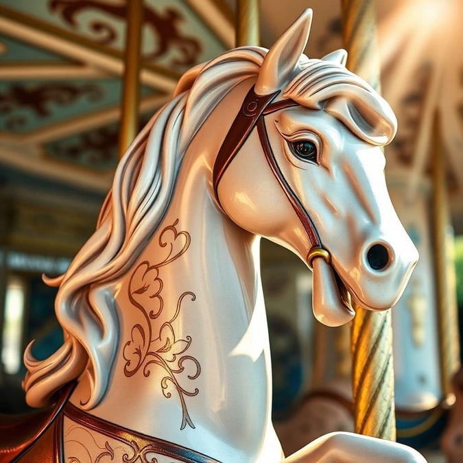 Step right up to the magical carousel, where a majestic steed stands ready to whisk you away on an enchanting journey. The sun casts its warm rays on this charming scene, highlighting every detail of the horse's glossy coat and intricate decorations.