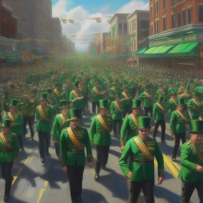 This vibrant image captures the spirit of St. Patrick's Day celebrations, featuring a parade filled with marching bands and colorful floats.