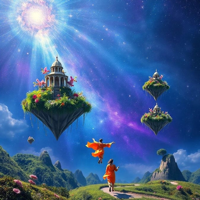 A vibrant and imaginative anime fantasy scene, featuring a young girl with a large bow in her hair, surrounded by fantastical creatures and objects.