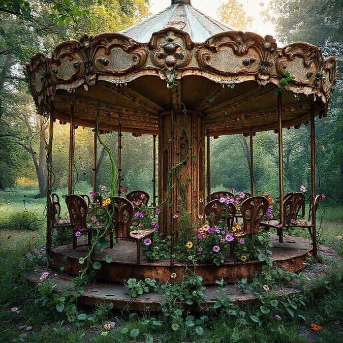 A fairy tale garden scene with a vintage carousel in the woods. An elegant seating area surrounded by lush greenery, blooming flowers and climbing plants.