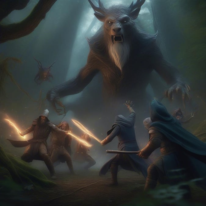 A band of heroes confronts an ancient creature in a mystical forest.