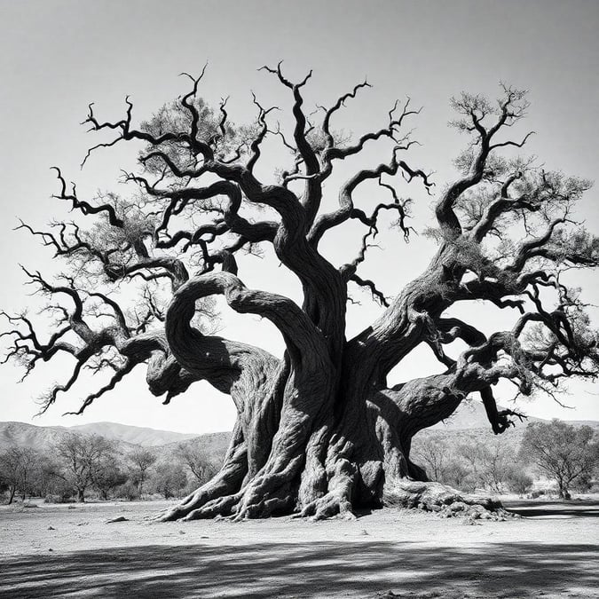 Uma árvore antiga e retorcida se ergue contra o céu, seus galhos nodosos se estendendo para cima. Esta imagem de papel de parede em preto e branco captura a beleza e a resiliência da grandeza da natureza. Seus contrastes marcantes criam um apelo atemporal para qualquer dispositivo de desktop ou móvel.