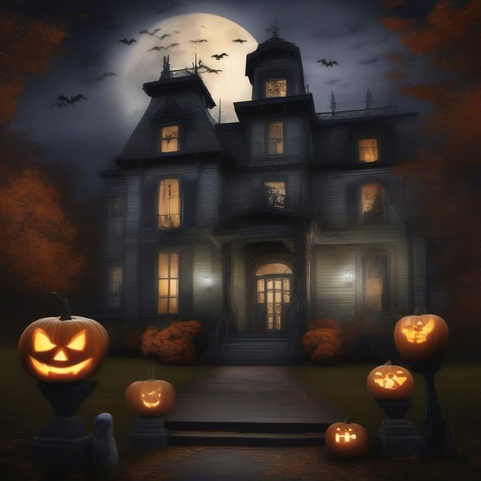 This spooky, two-story mansion sits silently in the moonlight on Halloween night. It's said to be cursed and has a winding staircase that leads to mysterious rooms where spirits reside. A few brave trick-or-treaters approach with their jack-o'-lanterns lit, daring to explore the dark corners of this haunted house.