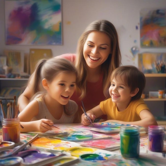 Woman, presumably the mother, with her two little ones at an art station, painting together. The joy is palpable in this heartwarming scene, perfect for Mother's Day.