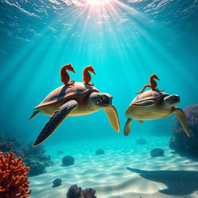 Dive into the world of friendship with this stunning wallpaper featuring two sea turtles and three seahorses swimming together in harmony. The vibrant colors and playful composition make this image perfect for anyone looking to add a touch of whimsy to their desktop or mobile device.