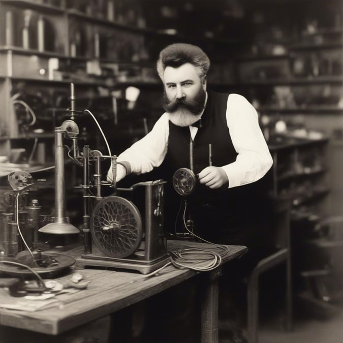 In this image, we see the legendary actor and inventor, Nikola Tesla. His lab is a hive of activity with various equipment scattered around him. The image captures his passion for innovation and his dedication to pushing the boundaries of science and technology.