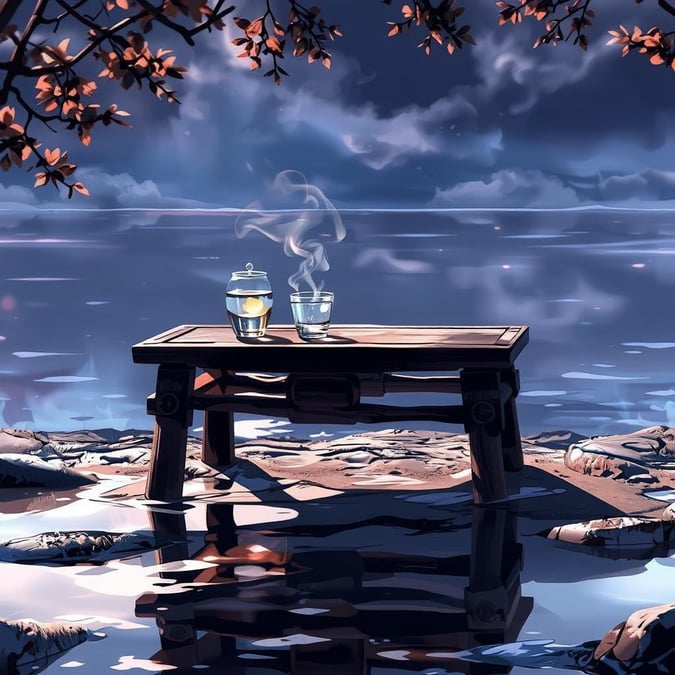 Uma cena de anime calmante e pitoresca apresentando uma serena cerimônia do chá em uma mesa de madeira ao lado de um copo de água, ambientada contra o tranquilo pano de fundo de um lago calmo sob um céu estrelado. O reflexo da mesa e das bebidas ondula sutilmente na superfície da água, adicionando profundidade e beleza a este momento pacífico.