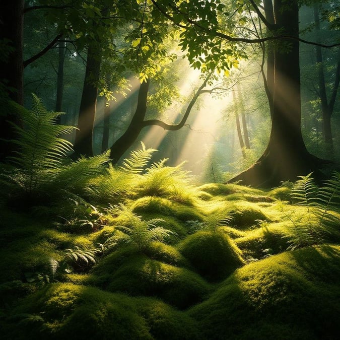 This image captures the serene beauty of a mossy forest floor, with the sun shining through the trees and casting dappled shadows on the ground. The vibrant green moss adds a pop of color to the otherwise muted tones of the forest.