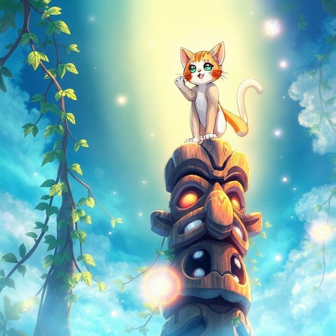 A beautiful anime illustration of a young cat sitting on top of a totem pole, surrounded by a magical aura and vibrant colors.