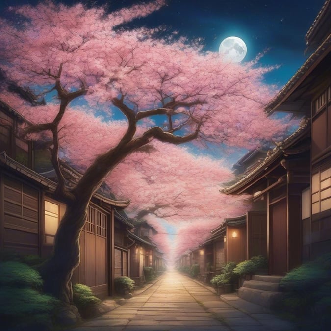 Immerse yourself in the serene beauty of this anime-inspired scene, where a majestic cherry blossom tree stands tall amidst a bustling Japanese alleyway, bathed in the soft glow of moonlight.