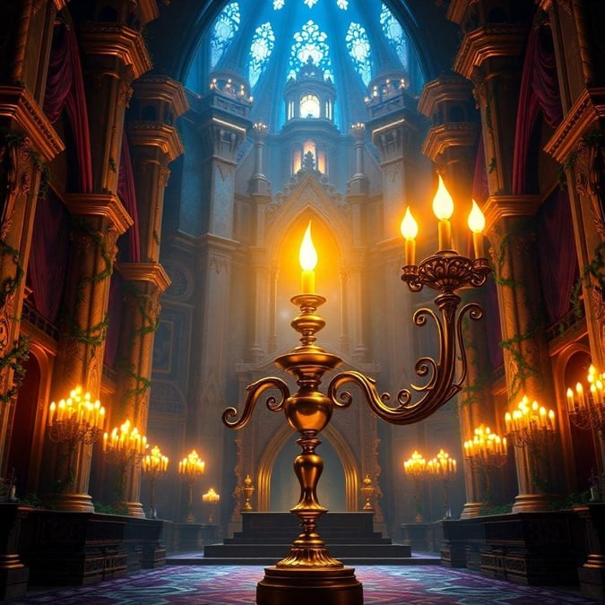 A grand hall with ornate details, illuminated by candlelight, evoking a sense of ancient majesty and enchantment.