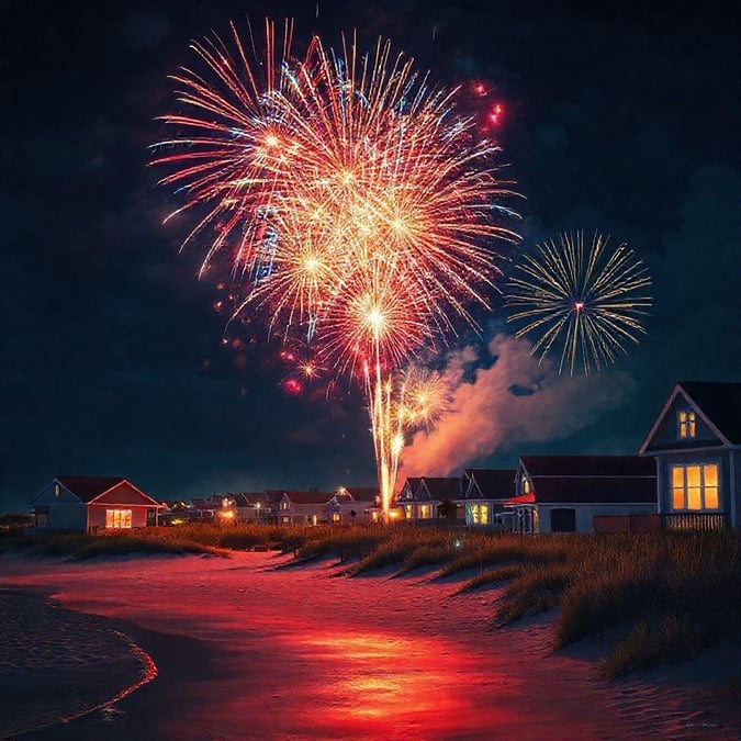 This image captures the excitement and joy of an Independence Day celebration with a spectacular fireworks display lighting up the night sky over a serene beachfront.