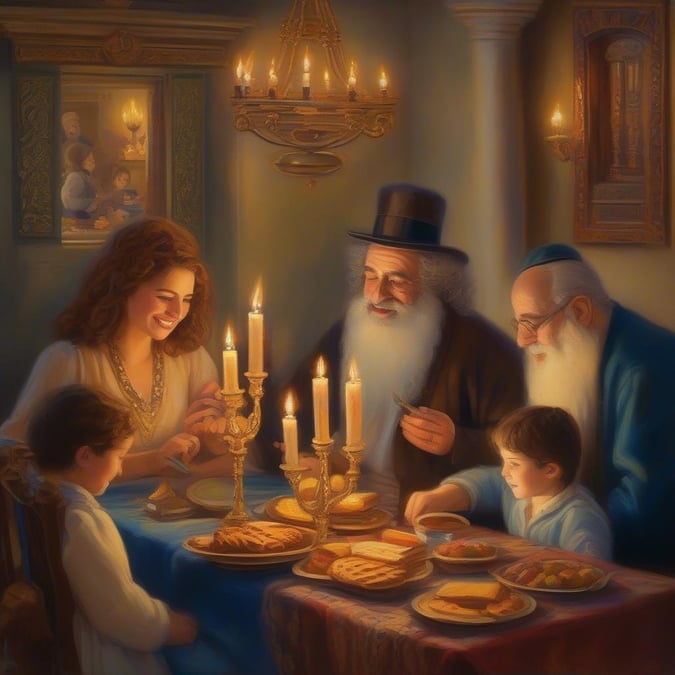 A warm, festive scene capturing the joy of a traditional Jewish Hanukkah dinner.