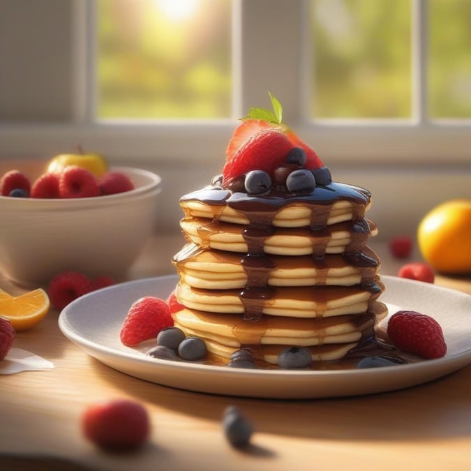 A delightful stack of pancakes topped with fresh fruit, ready for a wholesome breakfast or brunch. The image evokes warmth and comfort, perfect for a cozy morning at home.