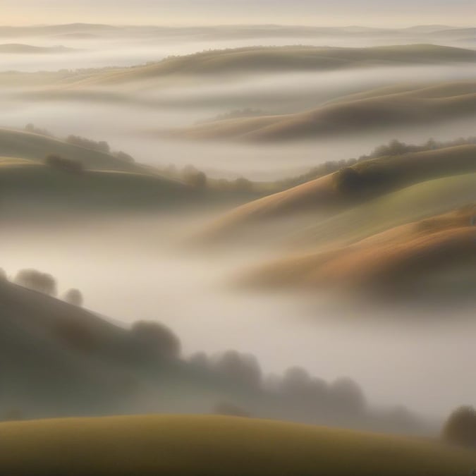 This stunning wallpaper captures the serene beauty of a foggy landscape, perfect for desktop and mobile use.