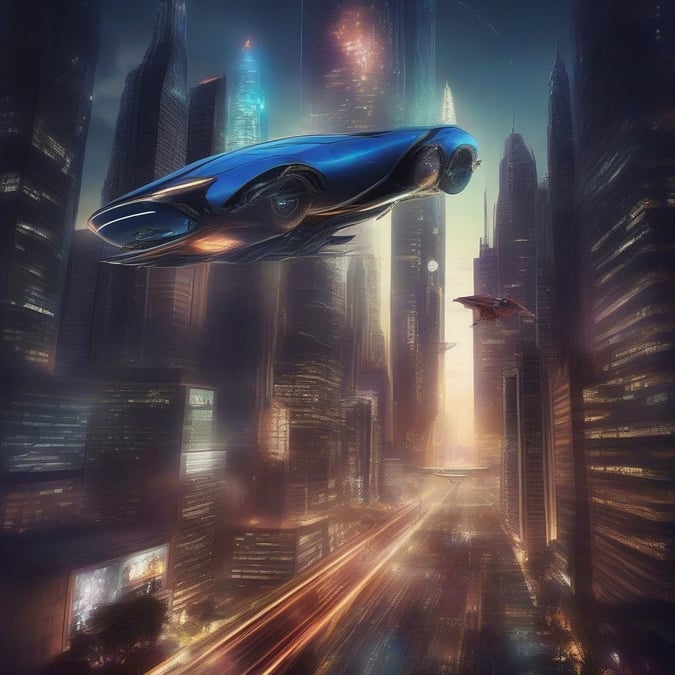 This stunning wallpaper features a sleek flying car soaring above a bustling cityscape, capturing the essence of futuristic transportation and urban life.