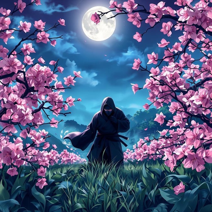 A tranquil nighttime scene where a samurai in a traditional garb silently traverses through a carpet of cherry blossoms. The full moon casts an ethereal glow on the blooming flowers, contrasting with the samurai's dark attire.