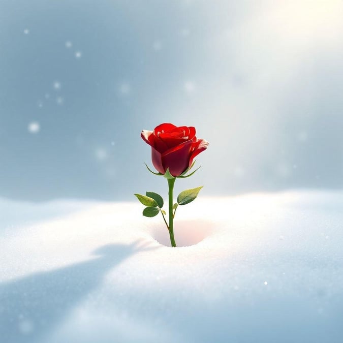 A stunning red rose blooms in the snow, surrounded by a peaceful winter landscape.