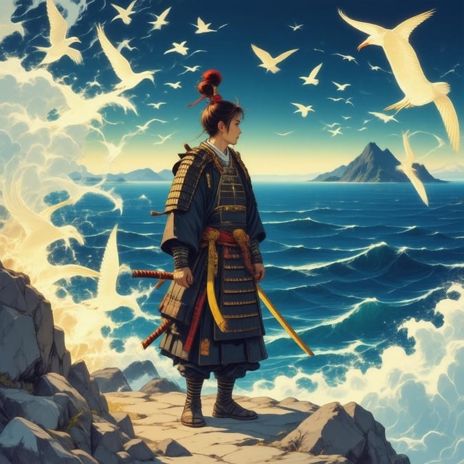 This stunning anime illustration features a samurai standing at the edge of a vast ocean, surrounded by a flock of glowing birds. The samurai is adorned with a golden crest and a red head, with a yellow body, brown eyes, and a red tail. The birds are all glowing, creating an illusion of their own world. The background is a deep blue ocean, with a small island in the distance, and a distant mountain range on the horizon.