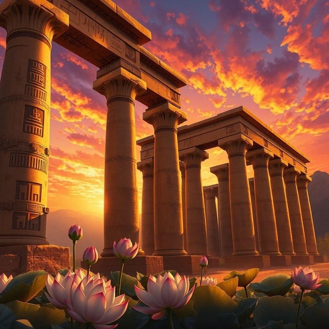 A grand ancient temple silhouetted against a vibrant sunset, with lotus flowers blooming in the foreground. Capturing the grandeur and beauty of historic architecture set amidst natural splendor.