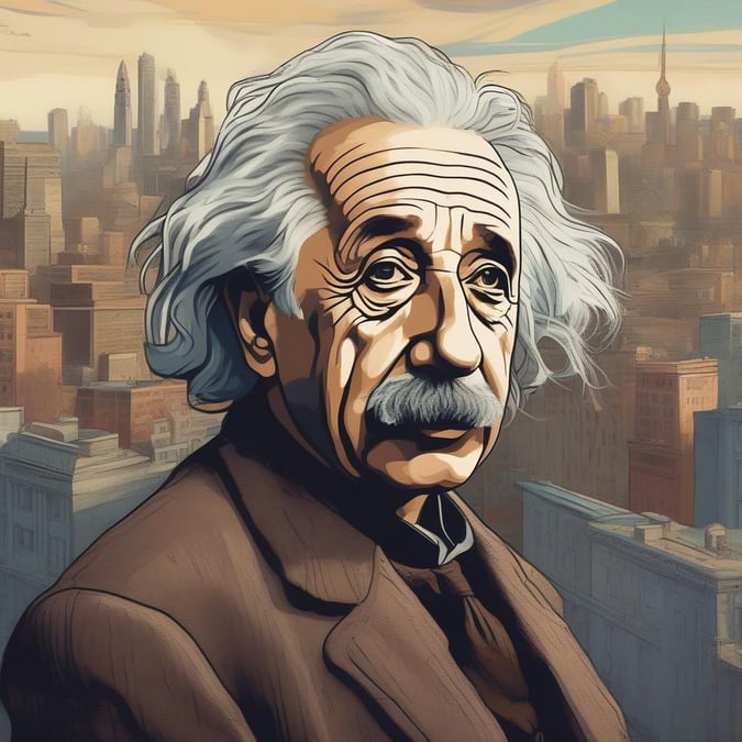 A cartoon illustration of the renowned physicist, set against an urban backdrop. The man is depicted with his signature mustache and thoughtful expression, embodying his intellectual curiosity.