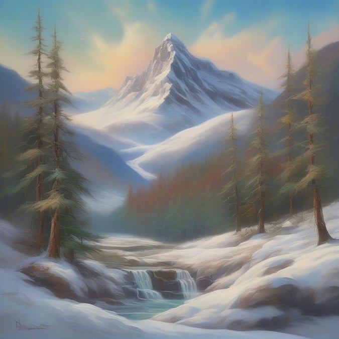 This beautiful Christmas wallpaper features a serene snowy mountain landscape with a small waterfall and pine trees. The realistic painting style creates a peaceful atmosphere, perfect for desktop and mobile use.