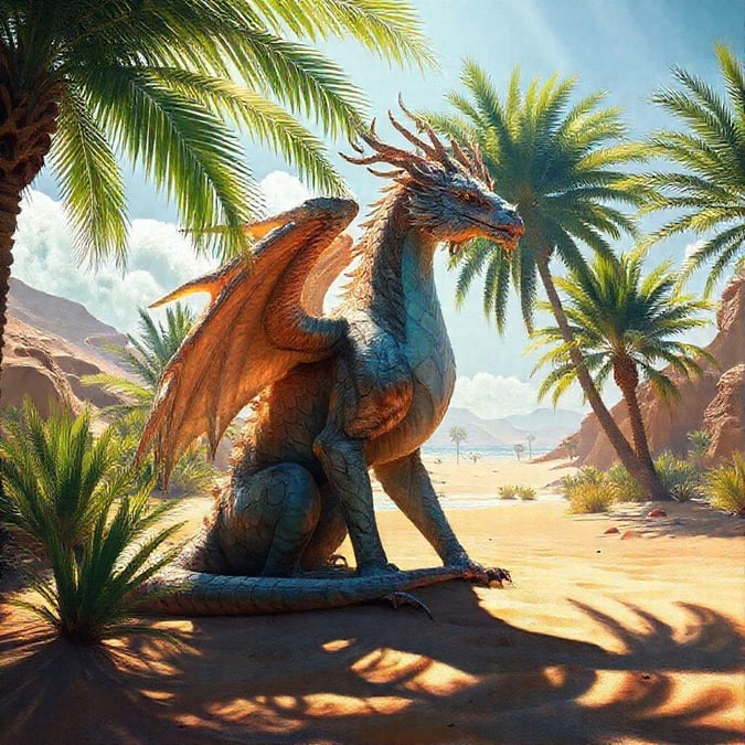 A majestic dragon sits serenely atop a tropical beach, wings spread wide against the backdrop of a sunlit sky.