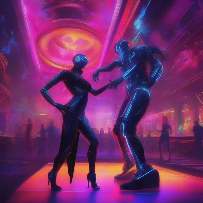 Get ready to groove with these two robots as they light up the dance floor in this futuristic, neon-lit scene.