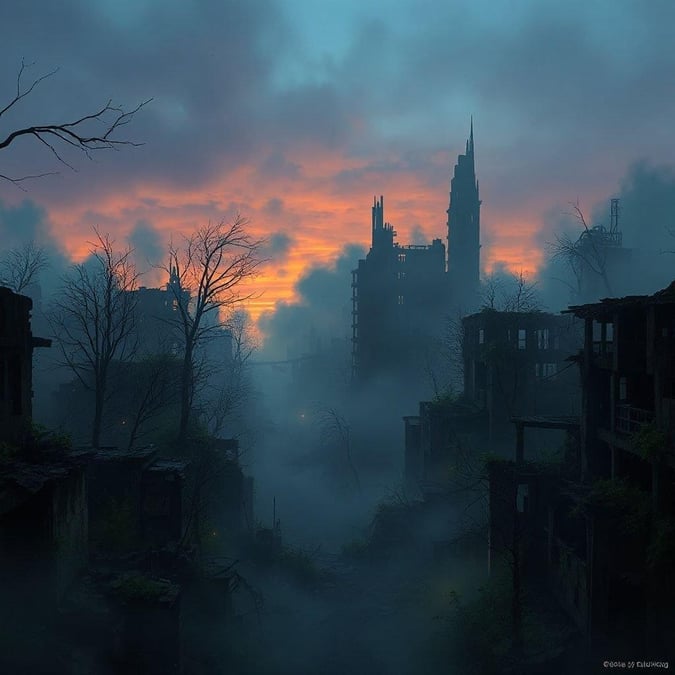 This wallpaper features a dramatic sunset over a post-apocalyptic cityscape, with a mix of dark and light colors creating a moody and atmospheric scene.