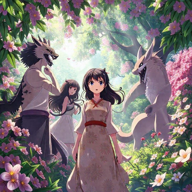 This fantastical scene brings together anime characters in a lush, magical forest.