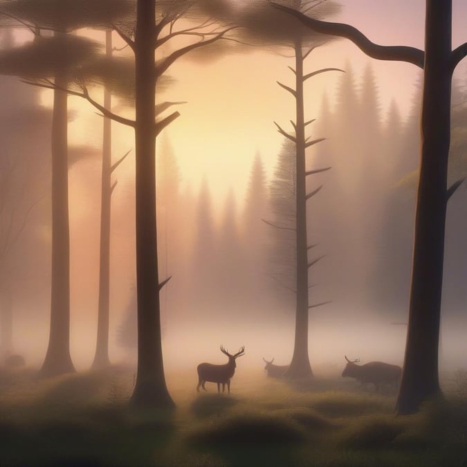 A serene forest scene on New Year's Day, with a small herd of deer gracefully traversing the foggy path.