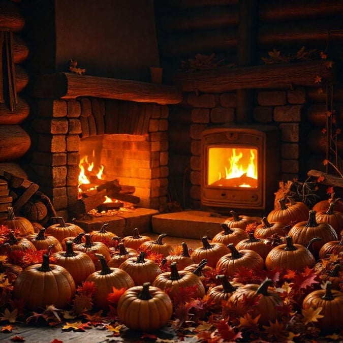 This image captures the warmth of a traditional fireplace nestled amidst an autumn harvest. The pile of glowing embers adds to the inviting atmosphere, while the array of pumpkins outside speaks to the season's bounty.