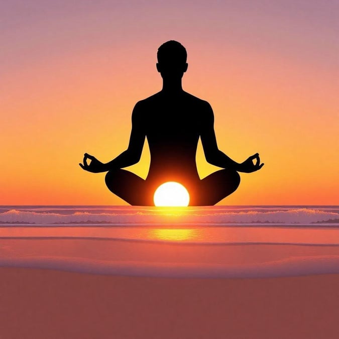 Peaceful scene at sunset with a yoga pose, minimalistic and calming.