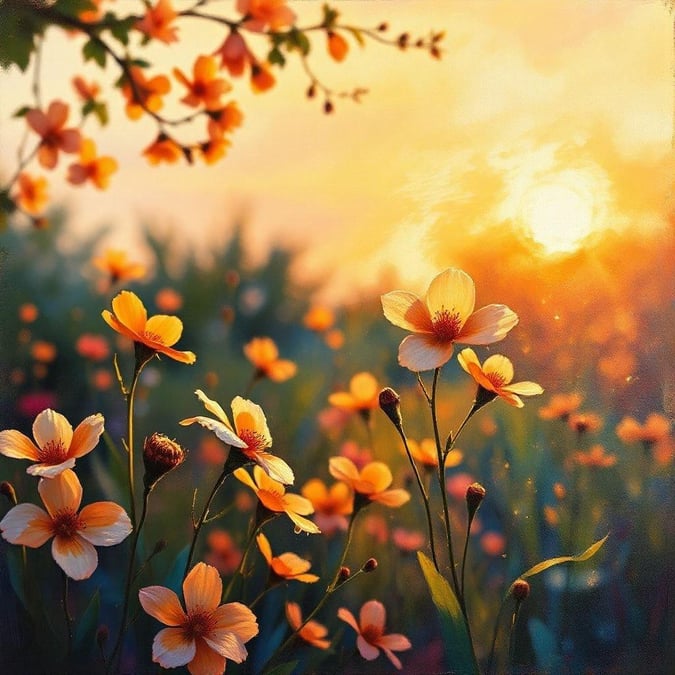 A captivating sunset scene with a field of vivid yellow flowers, creating a warm and serene atmosphere for your desktop or mobile device.