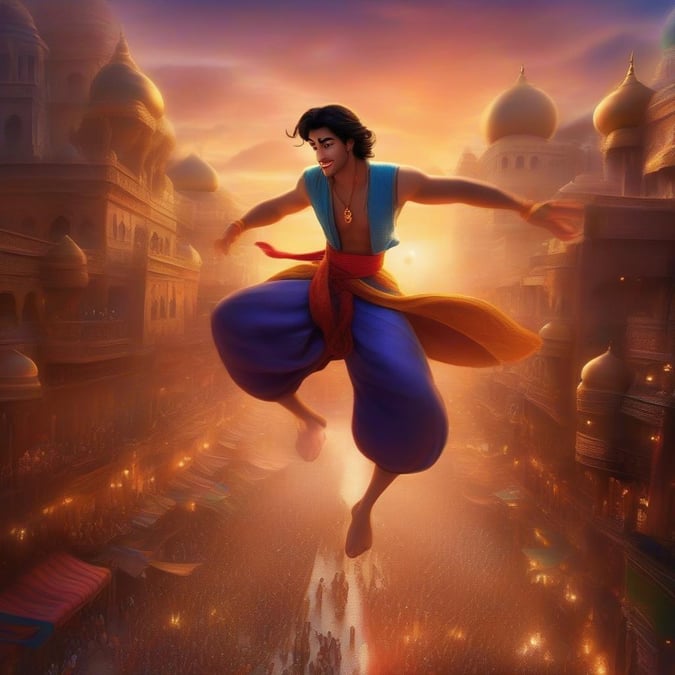 A dynamic wallpaper of Aladdin, the beloved character from Disney's classic movie, soaring over a bustling city street. A thrilling adventure captured on your screen.