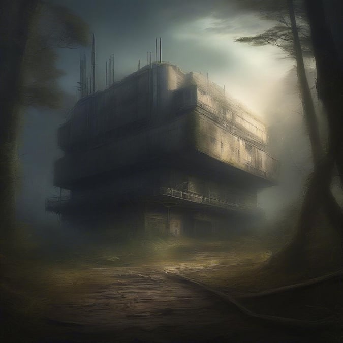 This eerie scene captures an abandoned space station, standing as a testament to a bygone era. The rusted structure is nestled in a foggy forest, its dilapidated walls surrounded by the verdant mystery of the unknown.