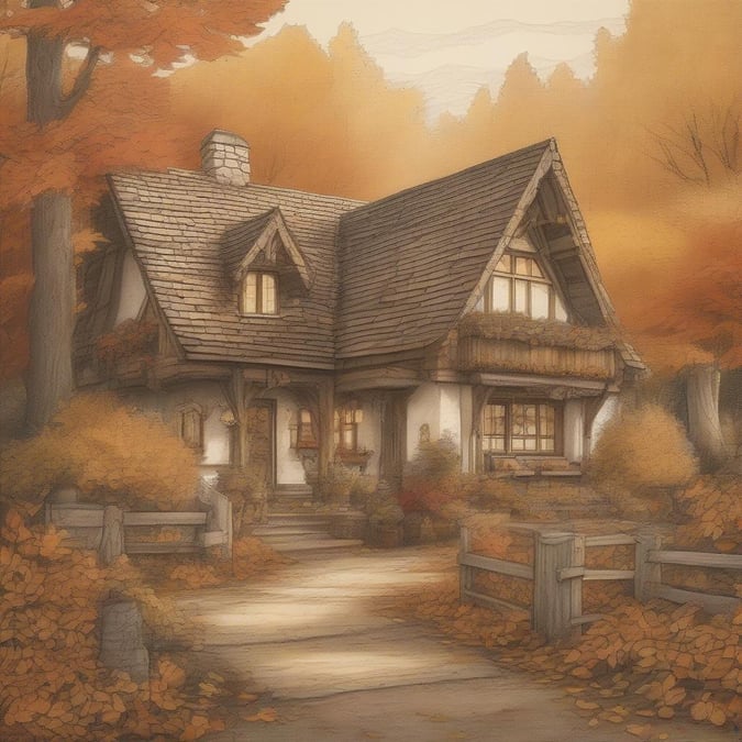 A cozy cottage nestled among autumn foliage, inviting the warmth of home.