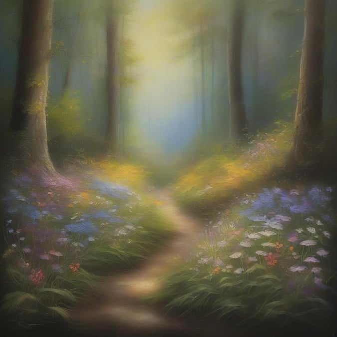 Explore the serene beauty of a forest trail, where nature's colors come alive with spring flowers and a hint of sunlight in this tranquil landscape.