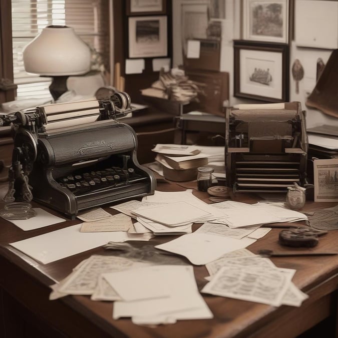 Step into a bygone era with this captivating vintage office wallpaper, where classic typewriters and antique furniture evoke a sense of nostalgia and timeless elegance.