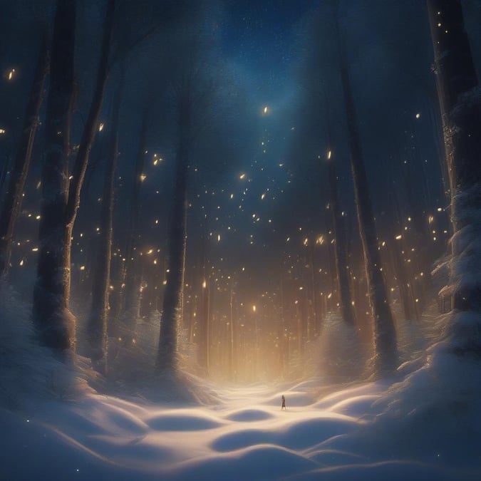 A serene winter forest at midnight, where a lone traveler discovers the beauty of solitude amidst twinkling stars and glowing lanterns.