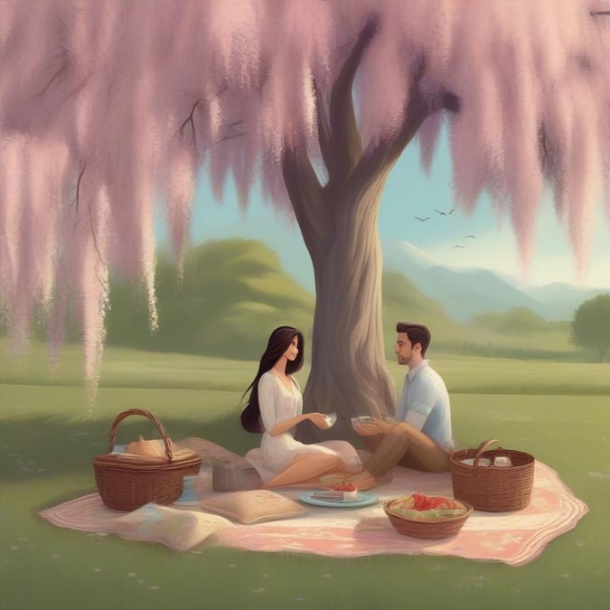 A serene and intimate scene of a couple enjoying a romantic picnic under a blooming tree.