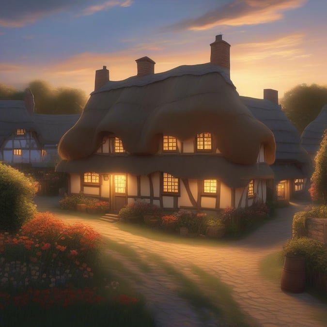 This tranquil scene captures the warm glow of an evening sunset over a quaint village. The houses, with their thatched roofs and cozy windows lit up, create a picturesque view that evokes a sense of calm and relaxation.